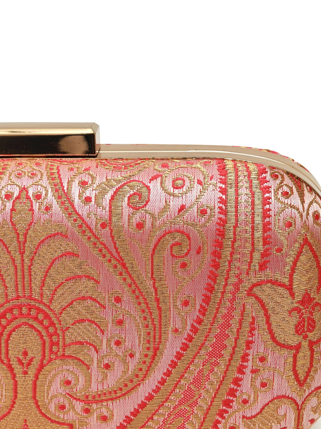 Pink Elora Banarasi long clutch by The Tan Clan featuring intricate gold zari embroidery and traditional design.