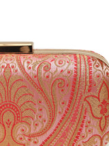Pink Elora Banarasi long clutch by The Tan Clan featuring intricate gold zari embroidery and traditional design.