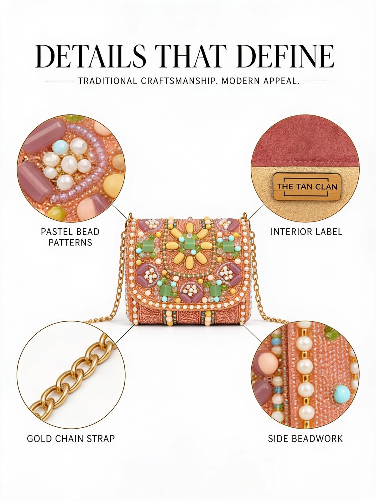 Basra Peach hand-embroidered mini flap bag by THE TAN CLAN featuring intricate floral embroidery and a compact design.