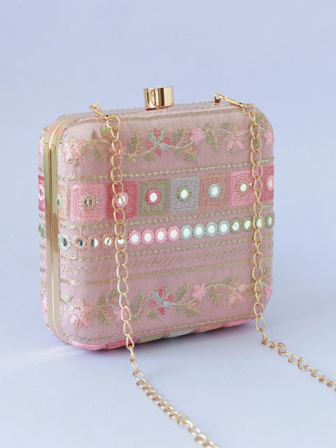Yellow floral box clutch by The Tan Clan with intricate embroidery and a decorative clasp for elegant occasions.