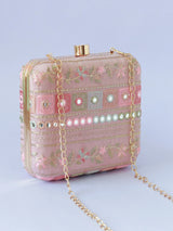 Yellow floral box clutch by The Tan Clan with intricate embroidery and a decorative clasp for elegant occasions.