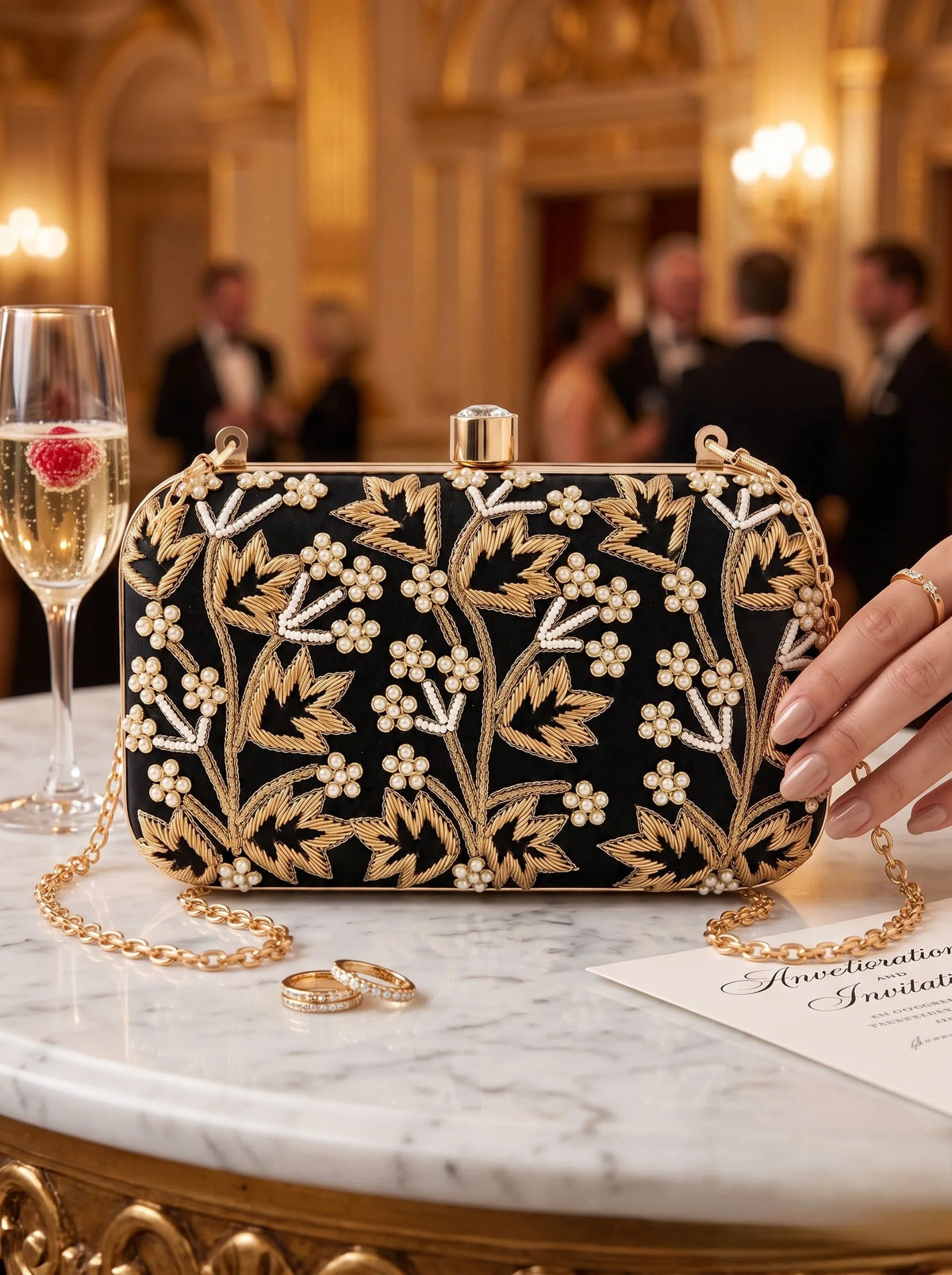 Shehnaaz black embroidered box clutch by THE TAN CLAN with intricate embroidery and sleek design for elegant occasions.