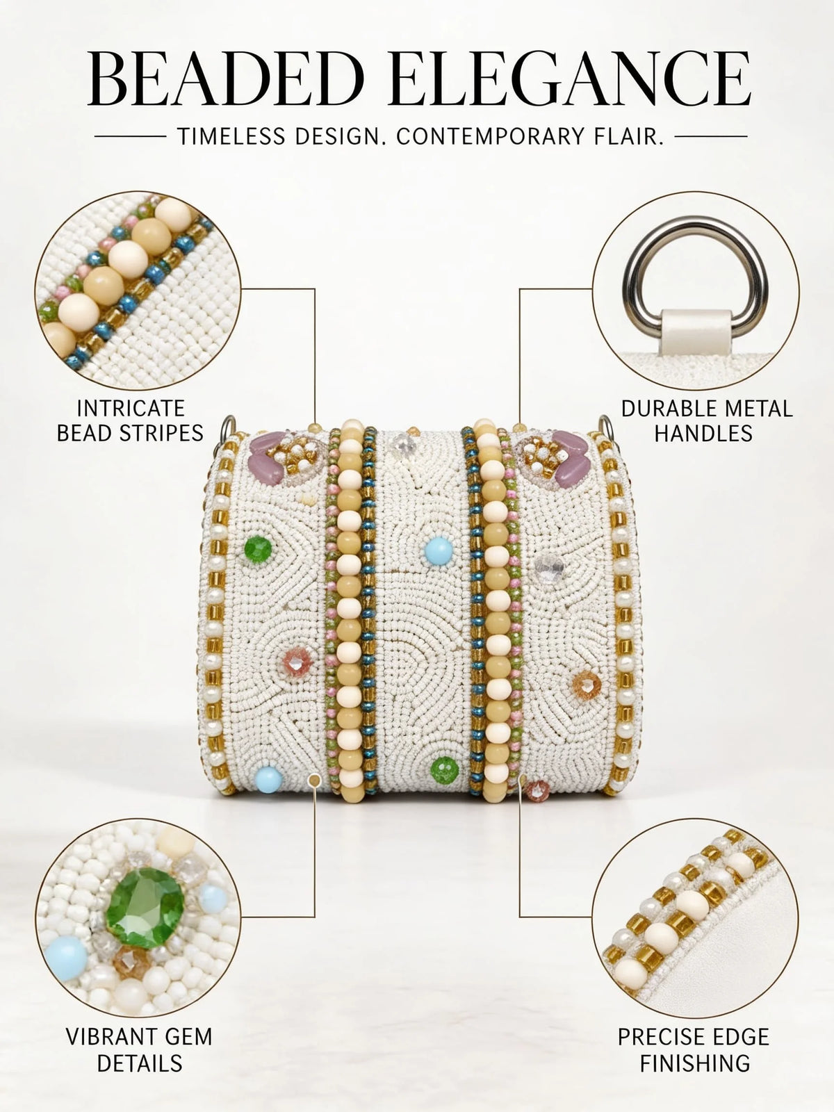 White hand-embroidered mini flap bag by THE TAN CLAN featuring intricate embroidery and a compact, stylish design.