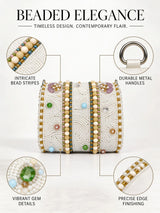 White hand-embroidered mini flap bag by THE TAN CLAN featuring intricate embroidery and a compact, stylish design.