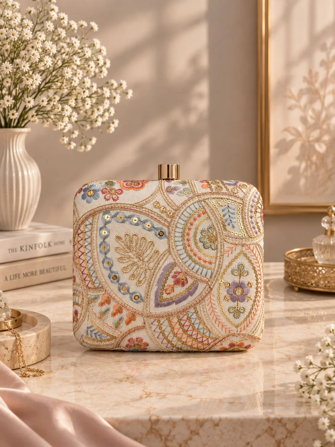 Resham square embroidered clutch bag by THE TAN CLAN featuring intricate embroidery and a sleek design.