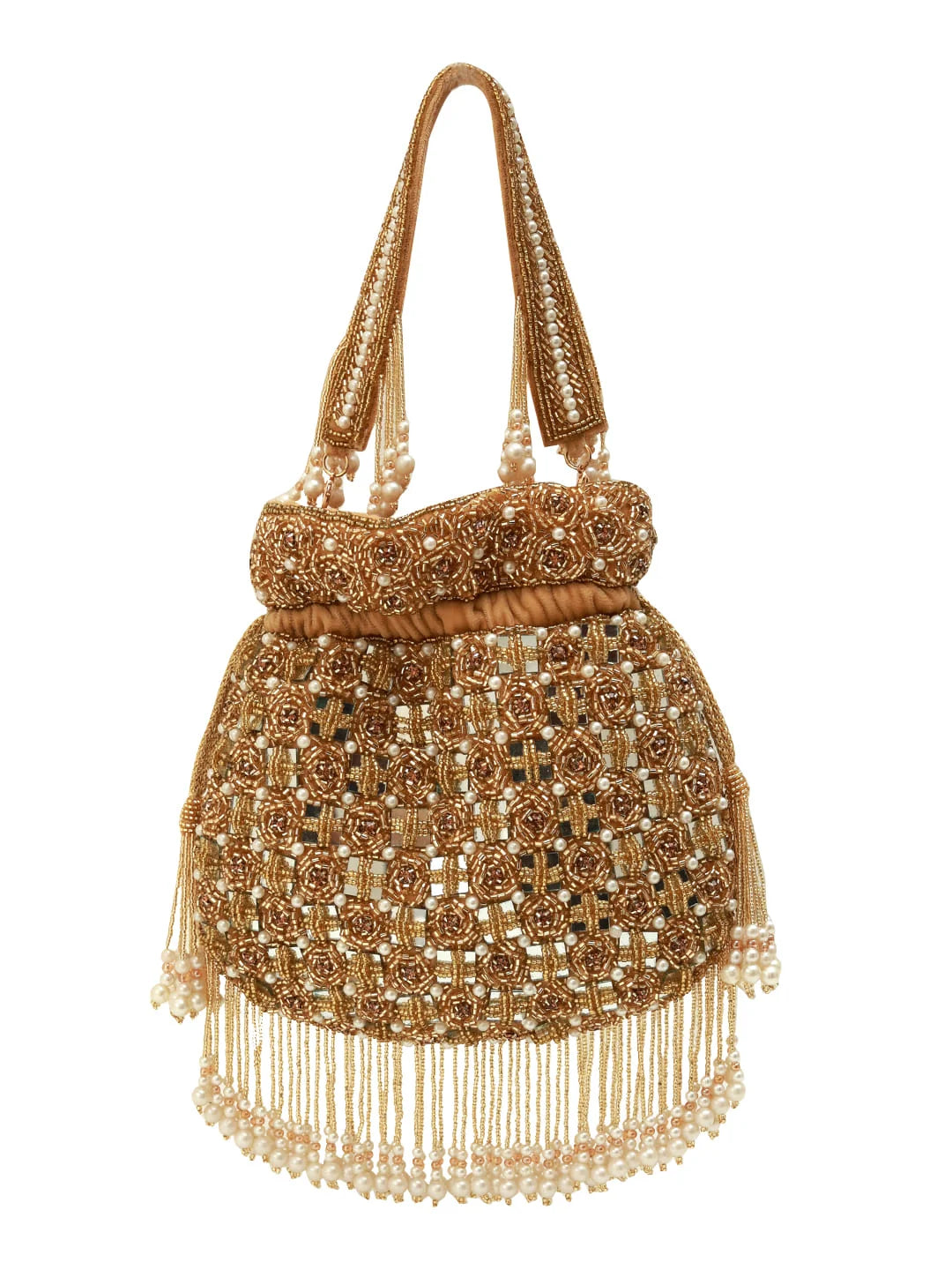 Gold beaded handbag with fringes on a white background