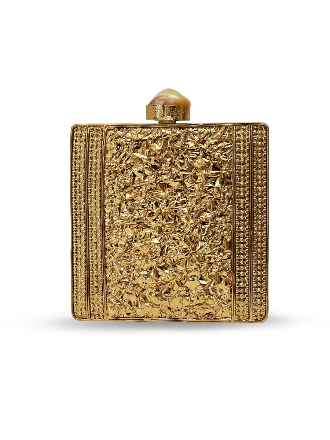 Gold clutch with intricate design on a white background