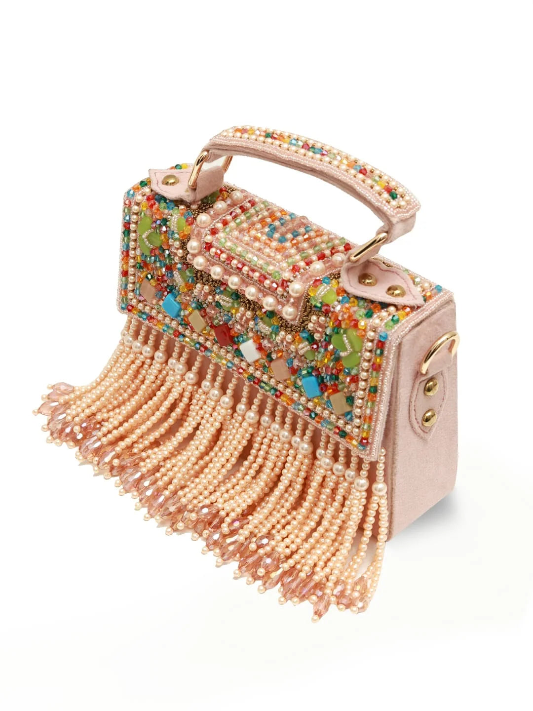 Beaded handbag with colorful details and fringes on a white background