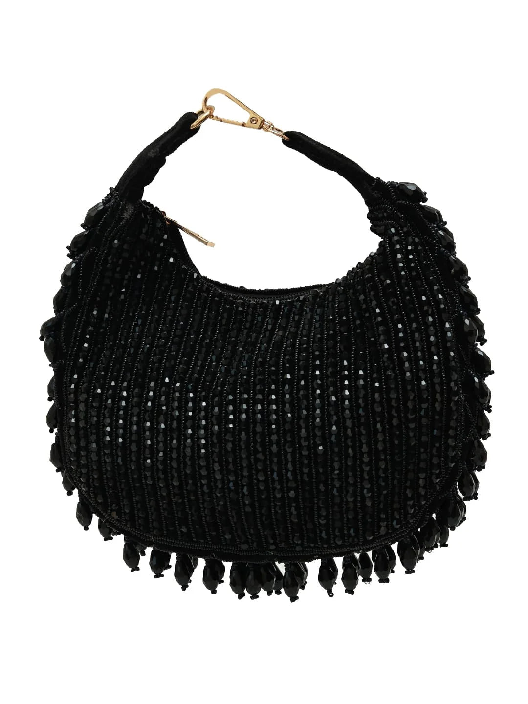 Black beaded handbag with tassels on a white background