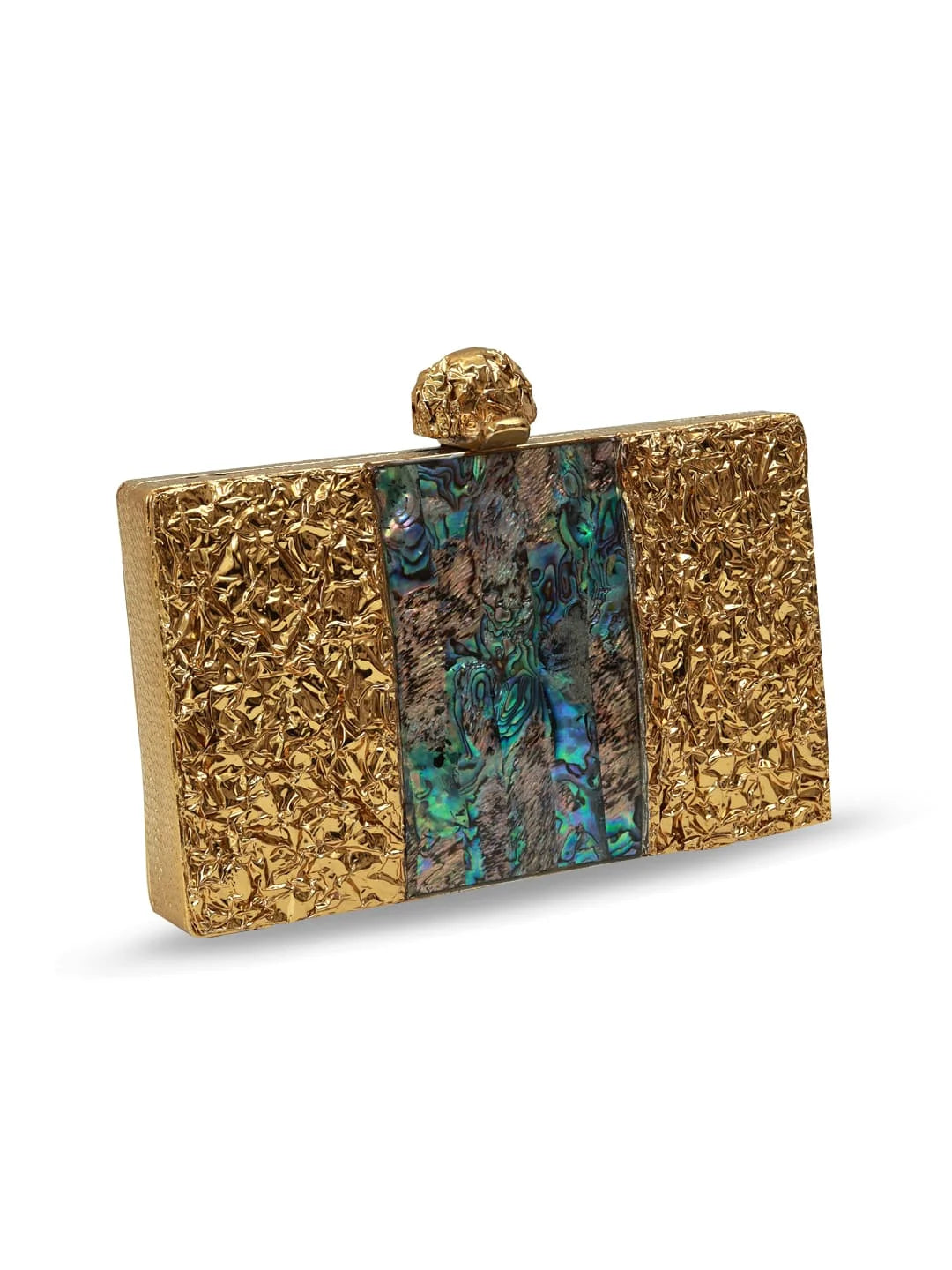 Gold clutch with peacock feather design on a white background