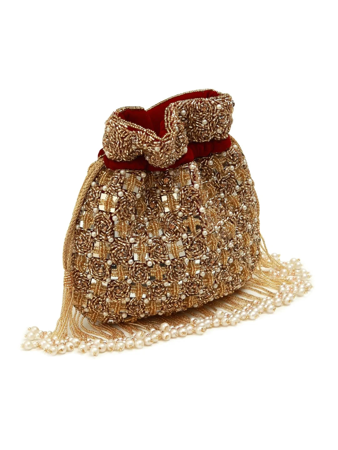 Gold beaded handbag with red interior on a white background