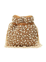 Golden pearl Rimsha potli bag with tassels from The Tan Clan, featuring intricate embroidery and traditional Indian design.