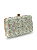 Ariba Green Box Clutch by The Tan Clan showing a sleek, rectangular green leather clutch with a structured design and subtle branding