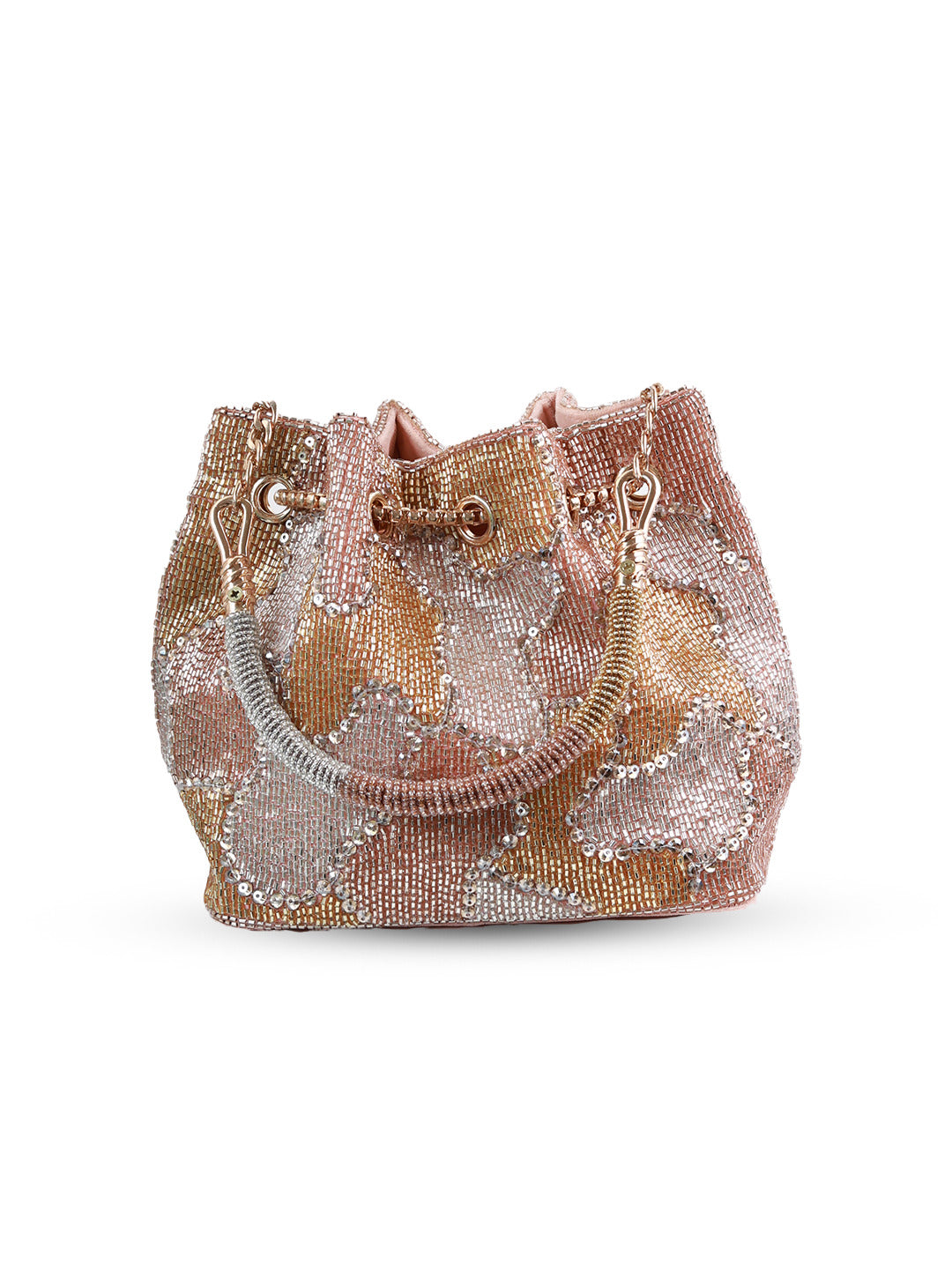 Terra rose gold potli bag with drawstring closure by The Tan Clan, featuring a shiny metallic finish and traditional design.