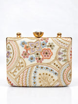 Resham casket embroidered clutch purse with intricate design, crafted by THE TAN CLAN, showcasing detailed embroidery and elegant style.