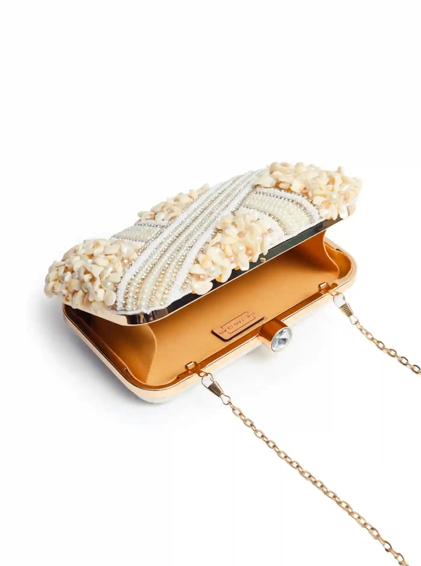 Sylvie Gold Flap Bag and Saliha Embellished Clutch by THE TAN CLAN, showcasing elegant gold details and intricate embellishments.