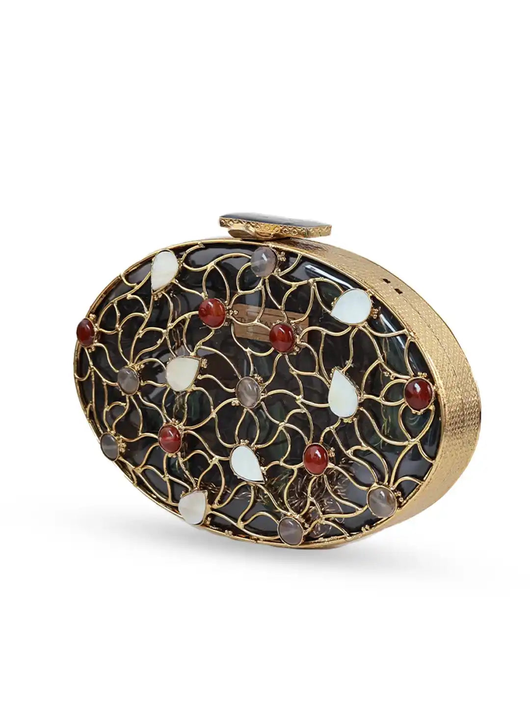 Decorative round object with gold frame and embedded stones on a white background