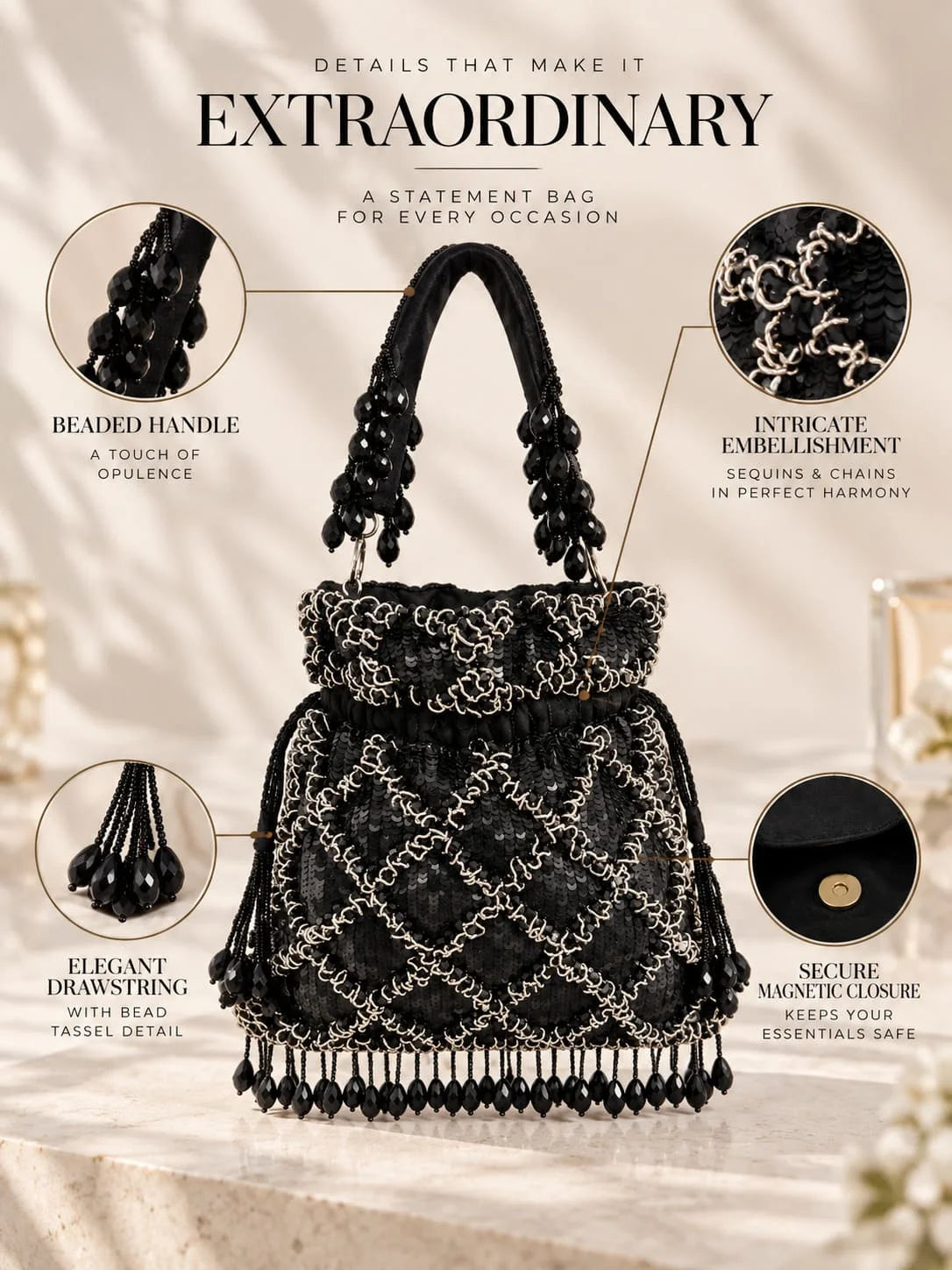 Black sequined tasselled potli bag with intricate embroidery, featuring a drawstring closure and decorative tassels for traditional occasions.