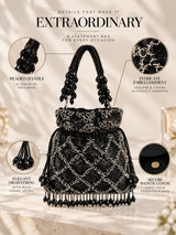 Black sequined tasselled potli bag with intricate embroidery, featuring a drawstring closure and decorative tassels for traditional occasions.