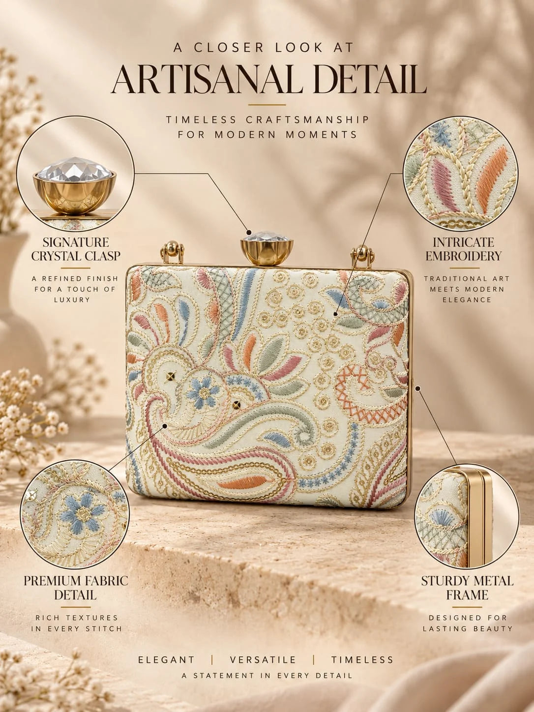 Embroidered Kalki Casket clutch by THE TAN CLAN featuring intricate embroidery and a compact, elegant design.