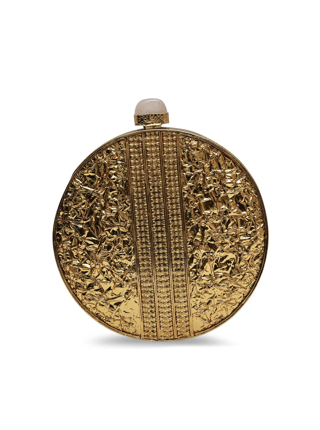 Gold round clutch bag with textured surface on a white background