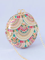 Multicolour embroidered clutch bag by The Tan Clan featuring intricate threadwork and a stylish, compact design.