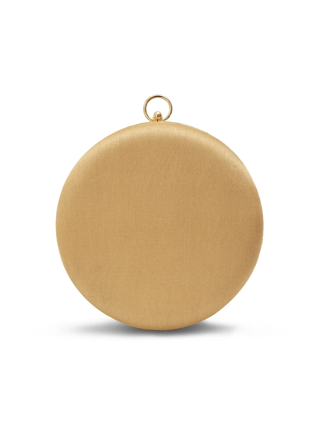 Gold circular clutch bag on a white background