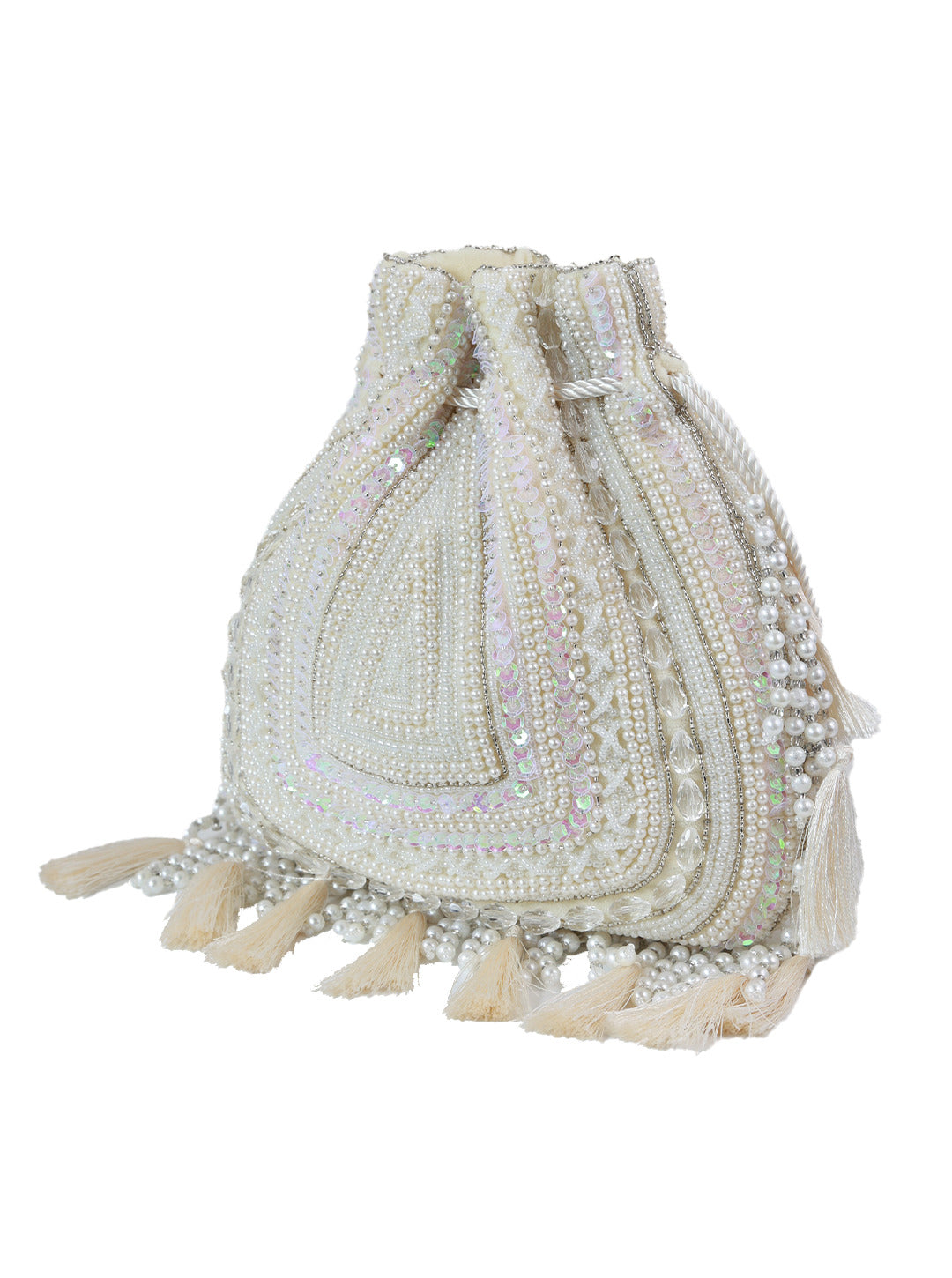 White tasselled Potli bag from The Tan Clan with intricate embroidery and drawstring closure, perfect for traditional and festive occasions.