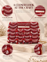 Lara red handcrafted beaded bag by THE TAN CLAN featuring intricate beadwork and a compact, stylish design.