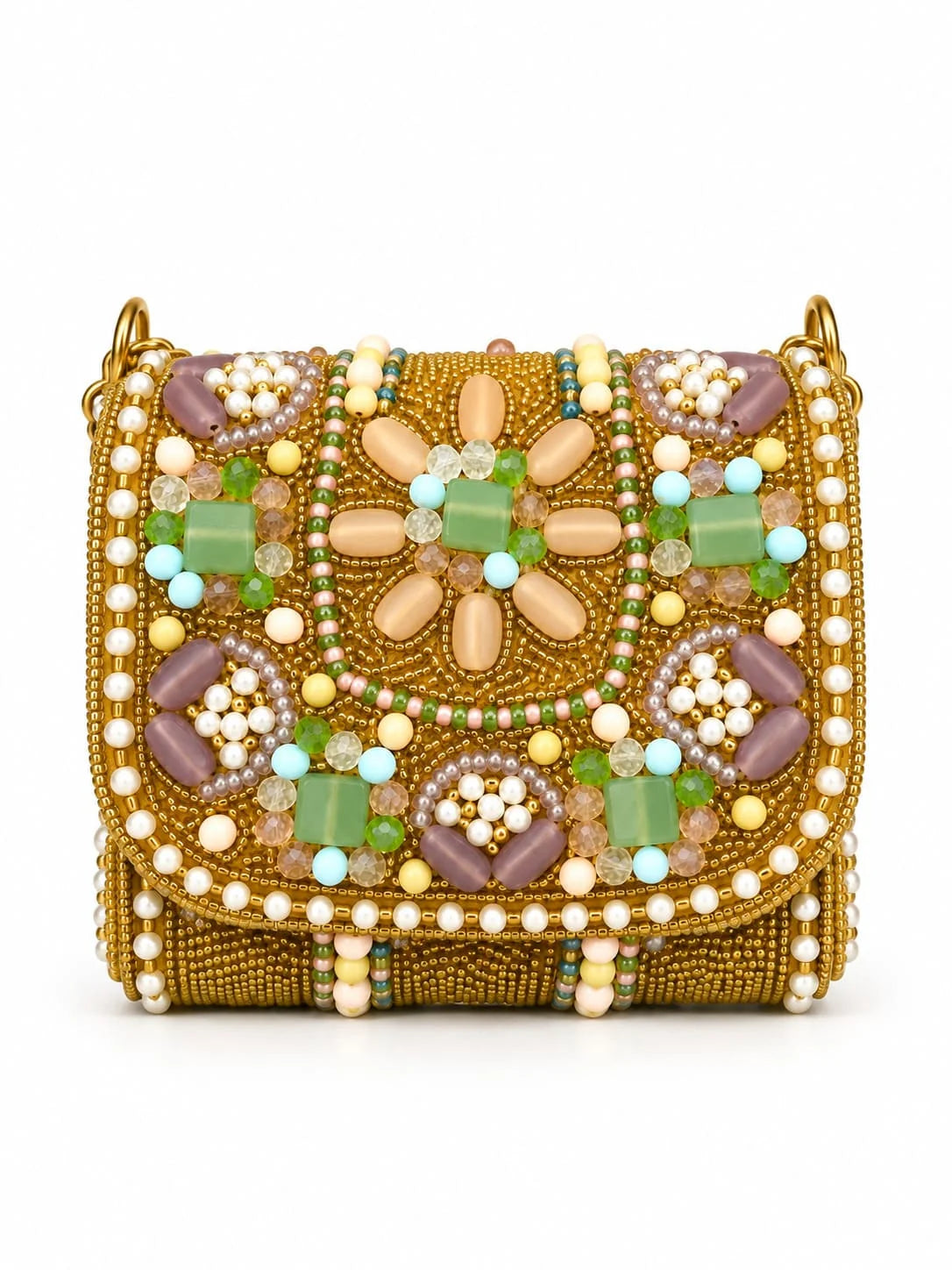 Gold hand-embroidered mini flap purse with intricate detailing, crafted by THE TAN CLAN, featuring a compact and elegant design.