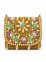 Gold hand-embroidered mini flap purse with intricate detailing, crafted by THE TAN CLAN, featuring a compact and elegant design.