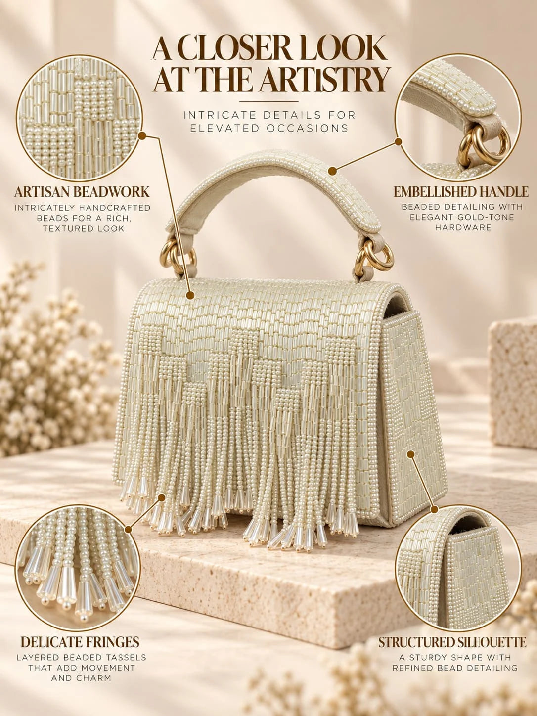 Maria White handcrafted beaded tasselled bag by THE TAN CLAN, featuring intricate beadwork and a tassel detail on the front.