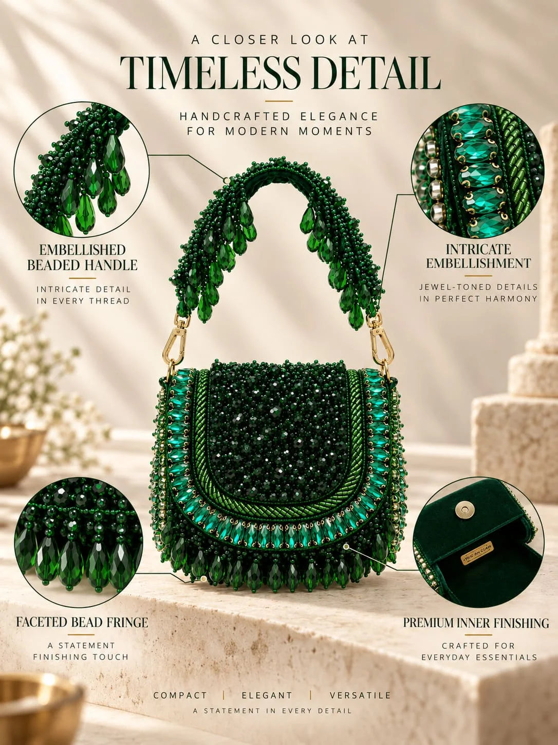 Zeenat Green Beaded Mini Flap bag by THE TAN CLAN with intricate beaded design and compact mini size.