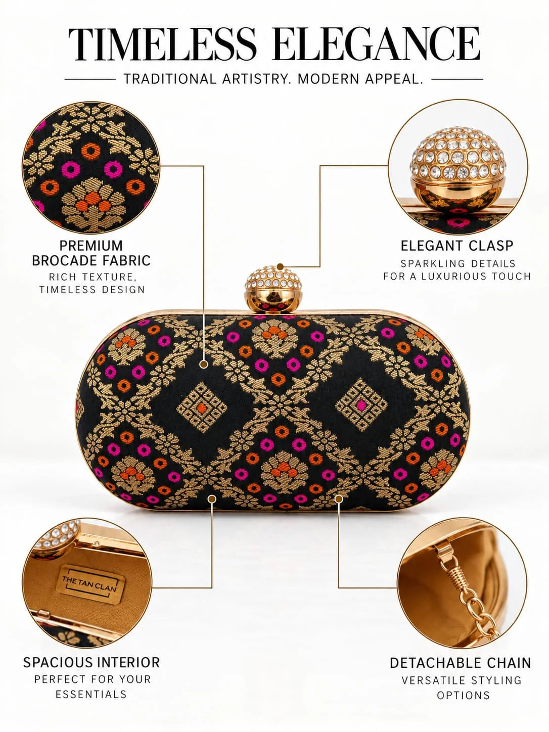 Mahi black oval clutch bag by THE TAN CLAN featuring a sleek oval shape and textured black leather finish.