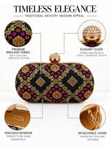Mahi black oval clutch bag by THE TAN CLAN featuring a sleek oval shape and textured black leather finish.