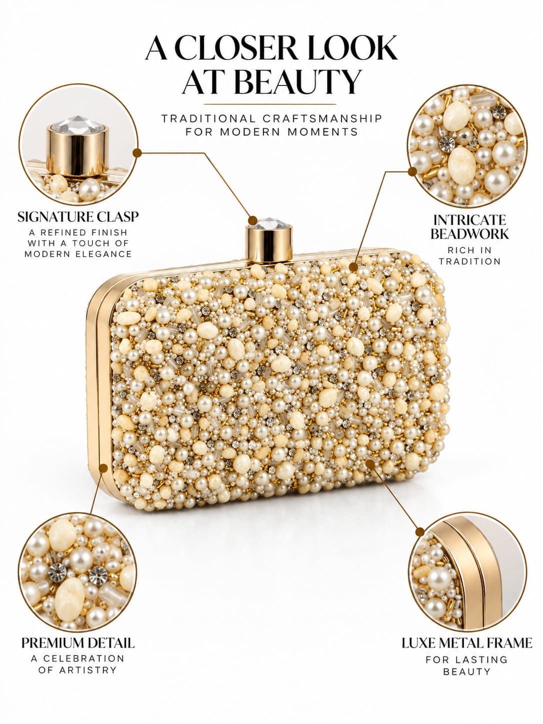 Kate Pearl Box Clutch by THE TAN CLAN featuring a pearl-embellished rectangular design and elegant metal clasp.