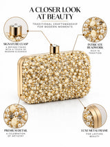 Kate Pearl Box Clutch by THE TAN CLAN featuring a pearl-embellished rectangular design and elegant metal clasp.