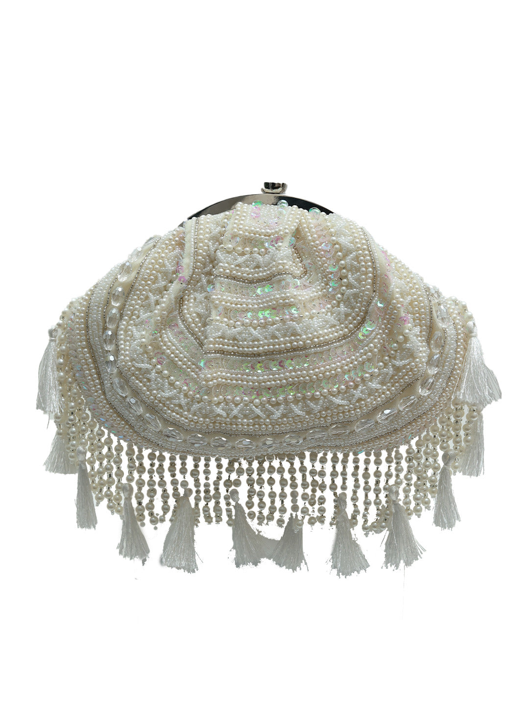 Tan Tan Clan Nora tasselled half moon batua bag with woven design and fringe detailing, ideal for stylish traditional accessories.