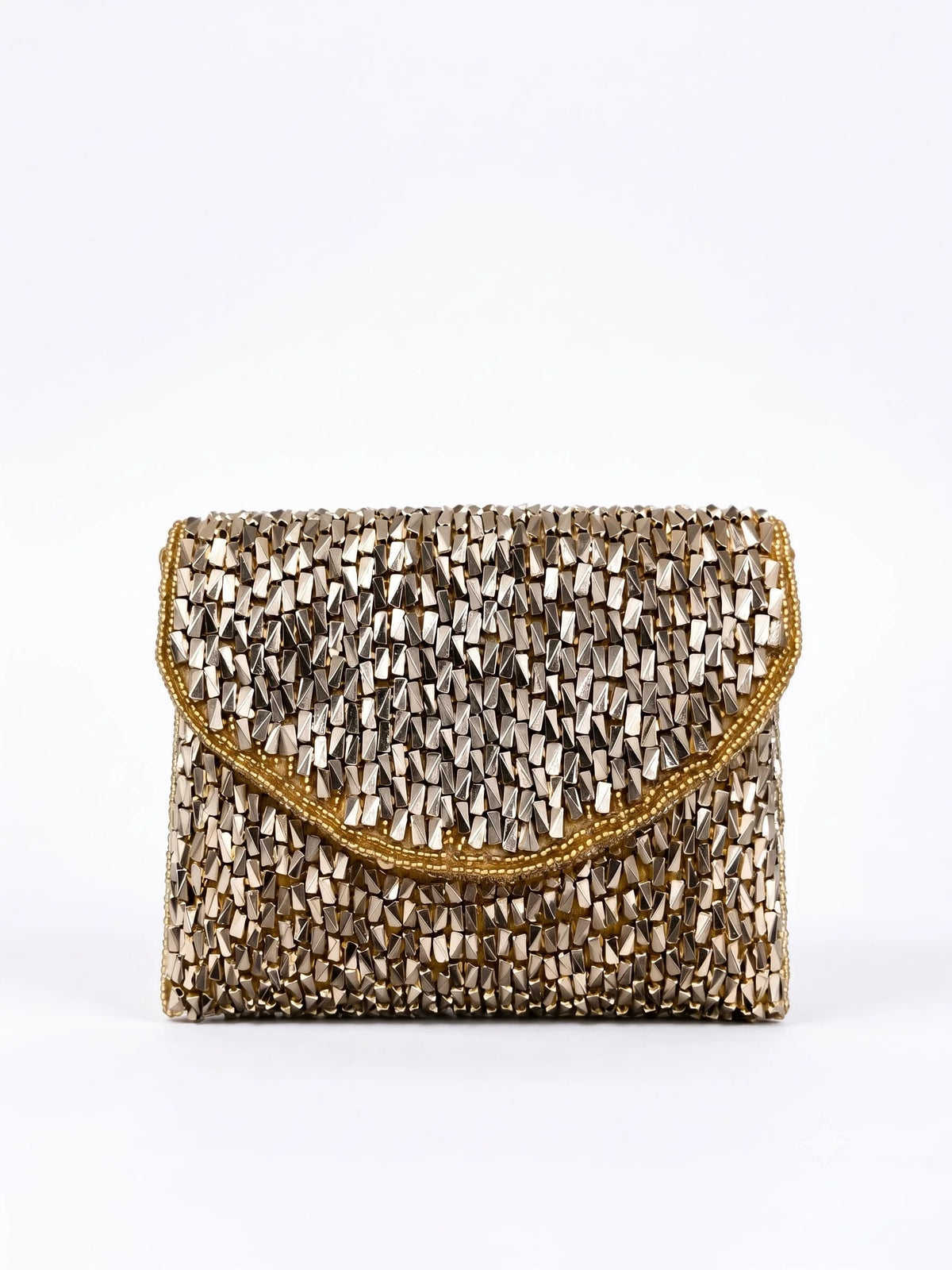 Anaya Gold Envelope Bag by THE TAN CLAN featuring a sleek gold metallic finish and minimalist envelope design.