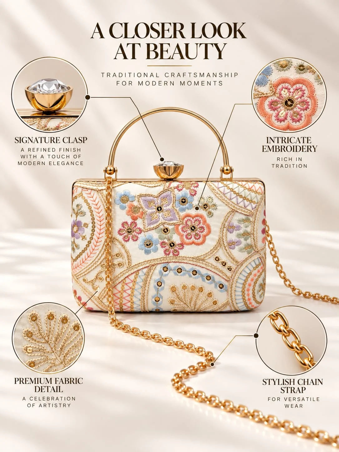 Resham casket embroidered clutch by THE TAN CLAN featuring intricate embroidery and a compact, elegant design.