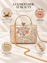 Resham casket embroidered clutch by THE TAN CLAN featuring intricate embroidery and a compact, elegant design.