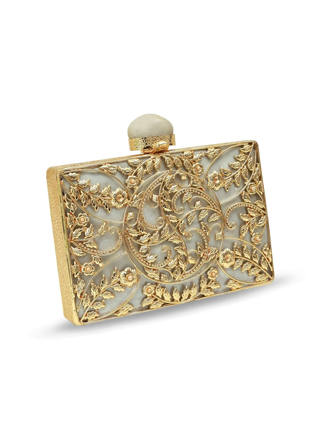 Gold clutch with intricate floral patterns on a white background