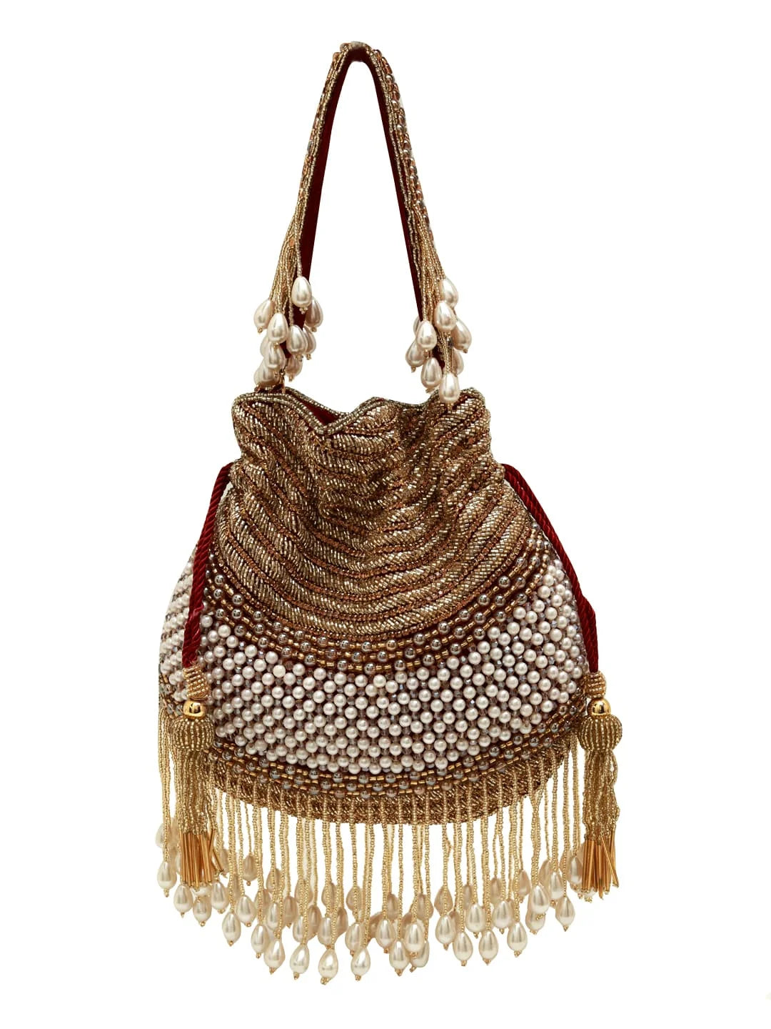Decorative handbag with beads and fringes on a white background