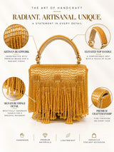 Maria Gold handcrafted beaded tasselled bag with intricate beadwork and tassel details by THE TAN CLAN.