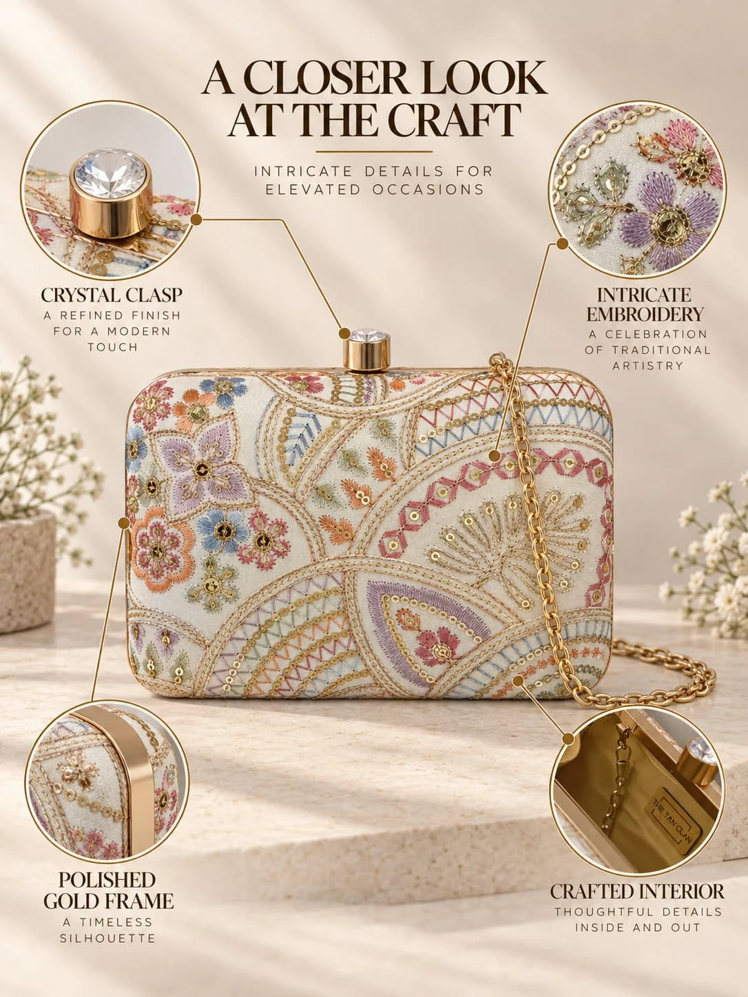Resham square embroidered clutch bag by THE TAN CLAN featuring intricate embroidery and a sleek, elegant design.