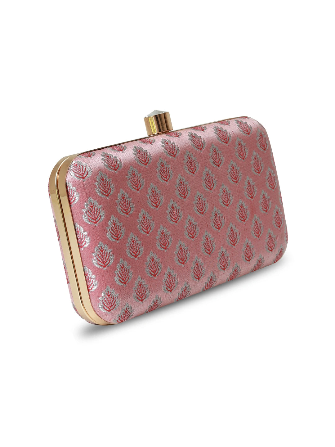 Pink box clutch bag from The Tan Clan featuring a sleek, rectangular design with a glossy finish and elegant clasp.