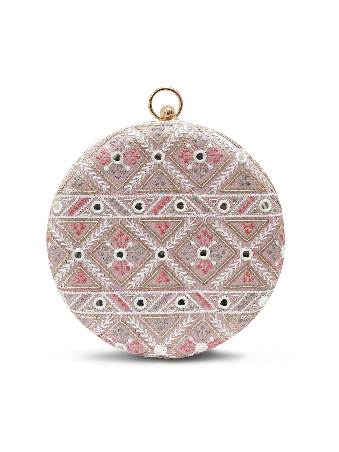 Pink round clutch purse from The Tan Clan's Ariba collection with a sleek, compact design and smooth finish.