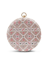 Pink round clutch purse from The Tan Clan's Ariba collection with a sleek, compact design and smooth finish.