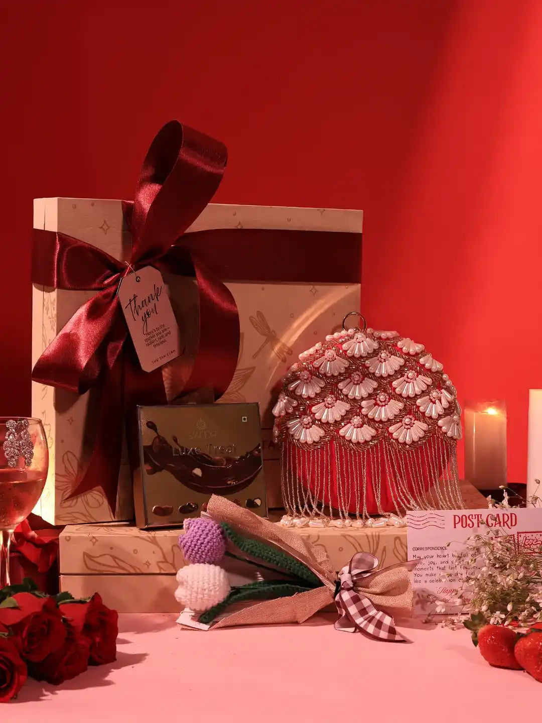 Sweet-Flower Gift Set - Irsa Clutch with Flower & Chocolate (Set of 3)