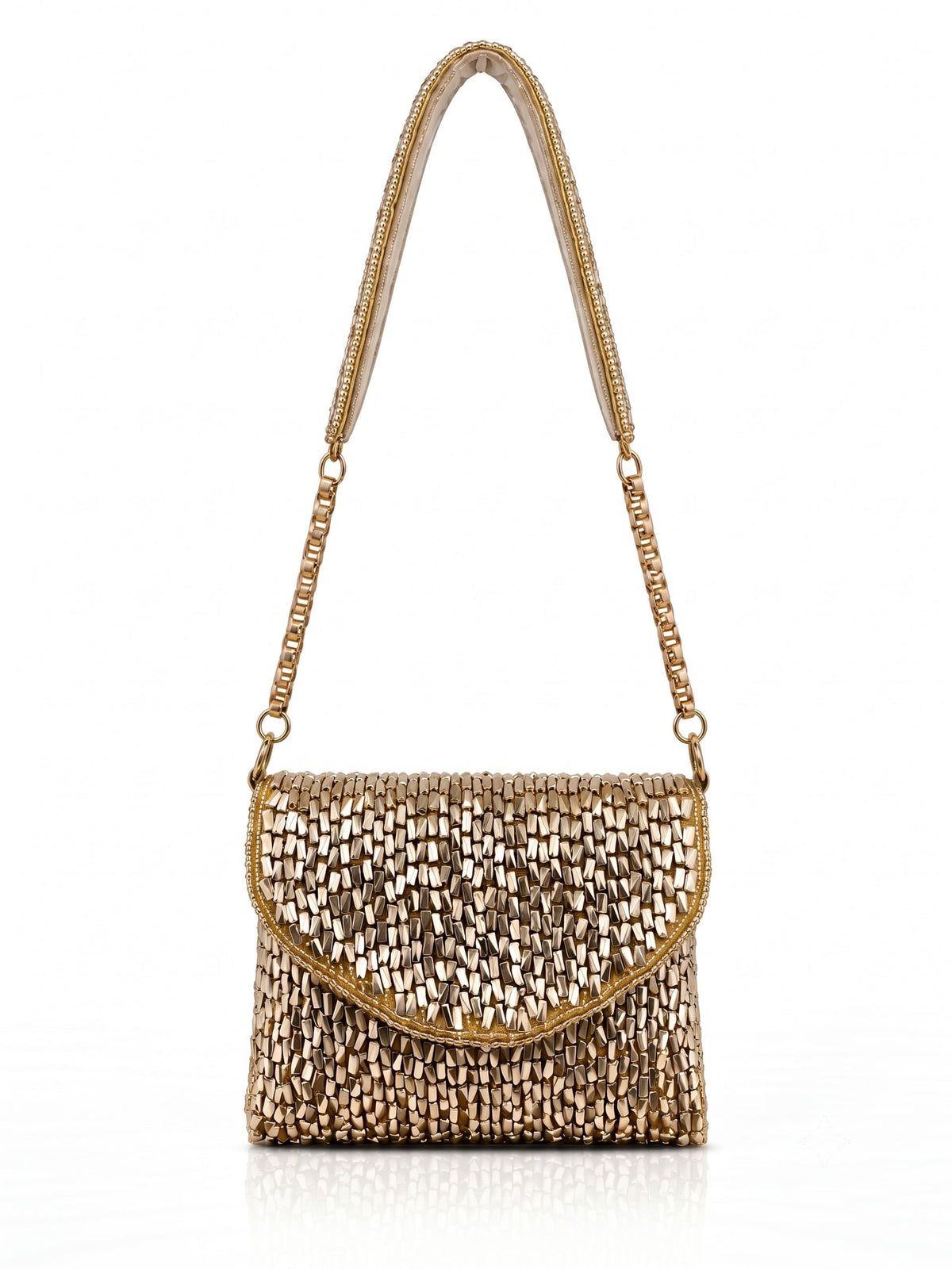 Anaya Gold Envelope Bag by THE TAN CLAN featuring a sleek gold envelope design with a flap closure and minimalist style.